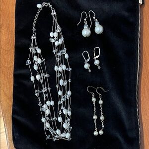 Multi-Strand Pearl & Crystal Necklace with Pearl Drop Earrings - White